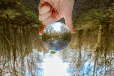 Midsection of person holding crystal ball with reflection of trees