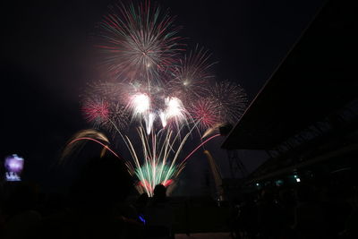 Low angle view of firework display at night