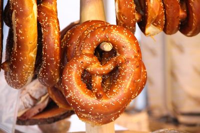 Close-up of pretzels for sale in bakery