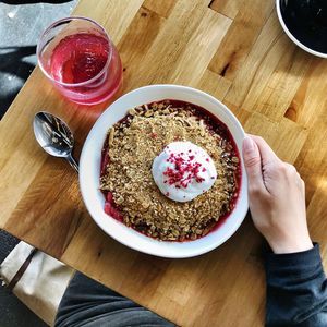 High angle view of breakfast served on table