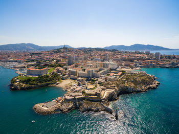 High angle view of city buildings