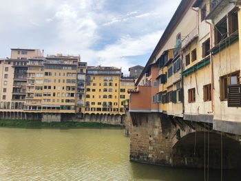 Buildings by river against sky in city