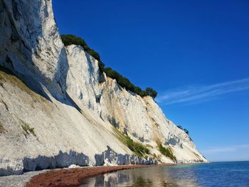 Scenic view of sea and rocks against blue sky