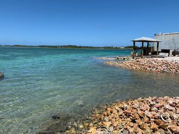 Scenic view of sea against clear blue sky