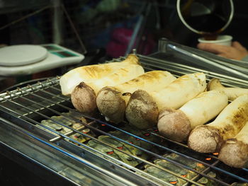 High angle view of meat on barbecue grill