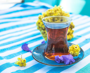 Close-up of drink served on table