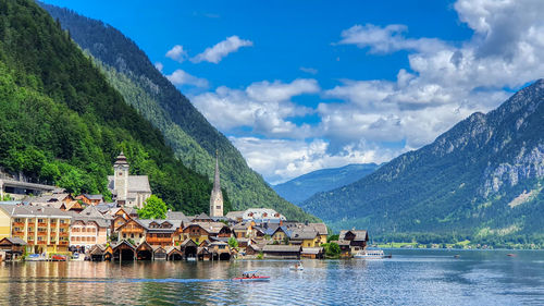 Scenic view of hallstatt lake and mountains against sky