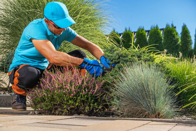 Side view of man standing amidst plants