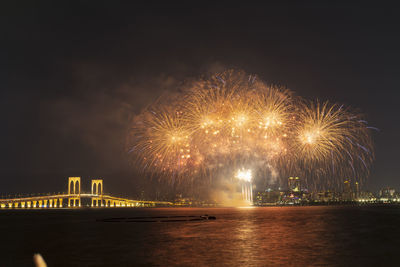 Firework display over river against sky at night