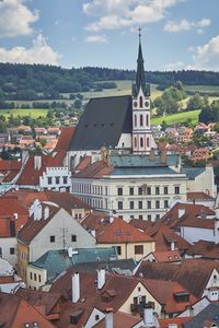 High angle view of cathedral amidst townscape