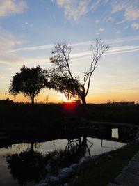 Silhouette trees by lake against sky during sunset