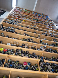 High angle view of crate in box