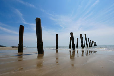 Wooden posts on beach against sky