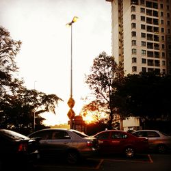 View of city street at sunset