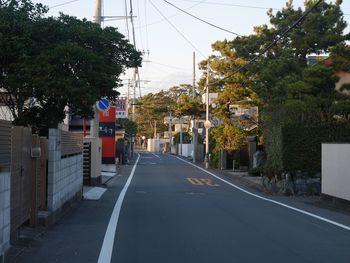 Road amidst trees and buildings against sky