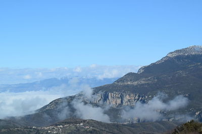 Scenic view of mountains against clear blue sky