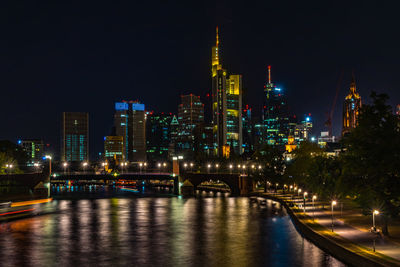 Germany, frankfurt, september 21, 2019, night view to frankfurt financial center and main river