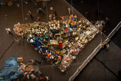 High angle view of people at market in city