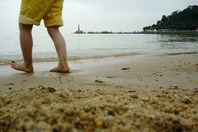 Low section of man standing on beach