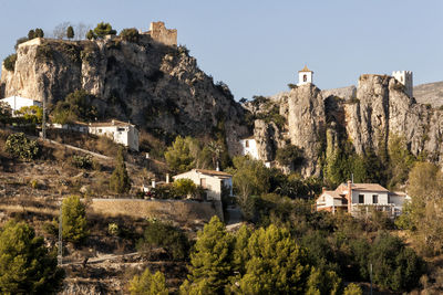 Houses by trees against clear sky