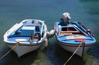 High angle view of boats moored in sea