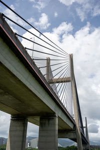 Low angle view of suspension bridge against sky