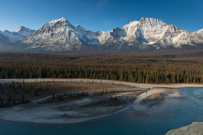 Scenic view of snowcapped mountains against blue sky