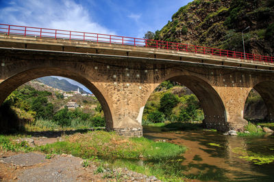 Arch bridge over river against sky