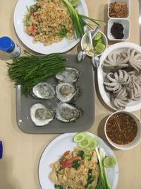 High angle view of meal served on table