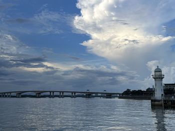 Bridge over river against cloudy sky