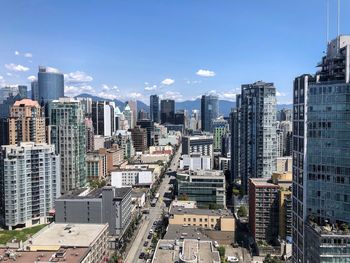 Aerial view of buildings in city against sky