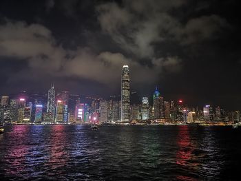 Illuminated buildings against sky at night