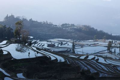 Scenic view of landscape against sky during winter