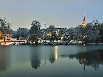 Reflection of buildings in lake