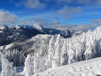 Scenic view of snowcapped mountains against sky