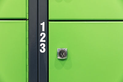 Close-up of numbers on green locker