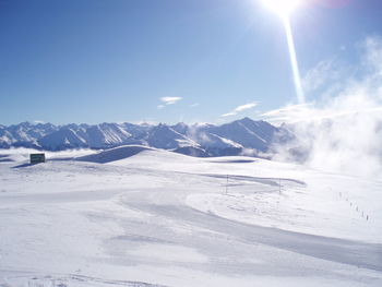 Scenic view of snowcapped mountains against sky