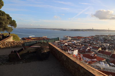 Boats moored at harbor against sky