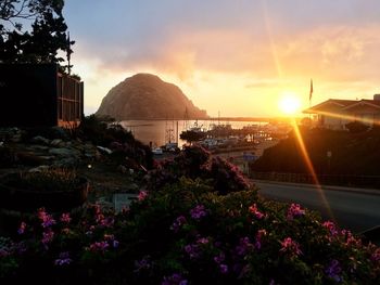 Scenic view of lake by buildings against sky during sunset