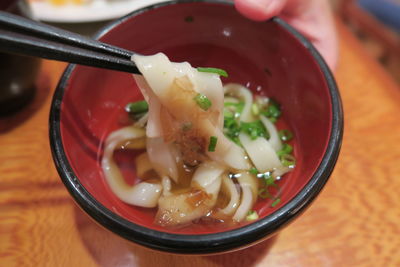 Close-up of soup noodle in bowl