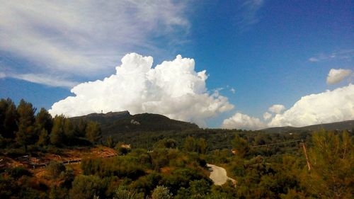 Scenic view of mountains against cloudy sky