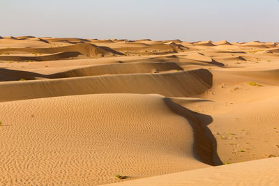 Sand dunes in desert against clear sky