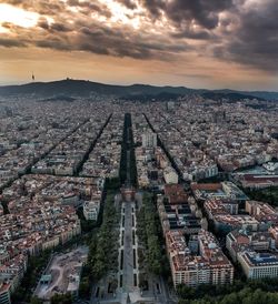 High angle view of city at sunset