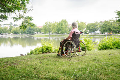 Woman sitting on grass by lake against trees