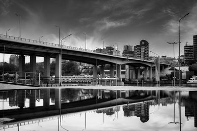 Bridge over river by buildings in city against sky