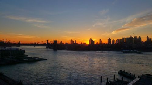 View of city buildings against sky during sunset