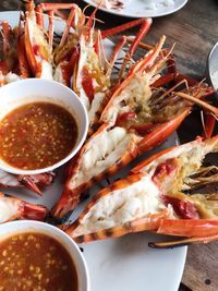 High angle view of meal served on table