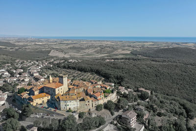 Aerial view of the medieval town of capalbio in the tuscan maremma