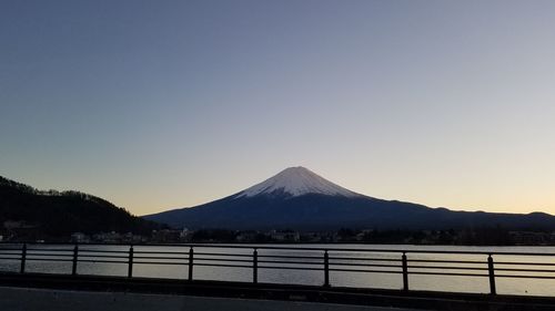 Scenic view of snowcapped mountains against clear sky