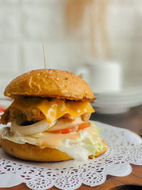 Close-up of burger on table